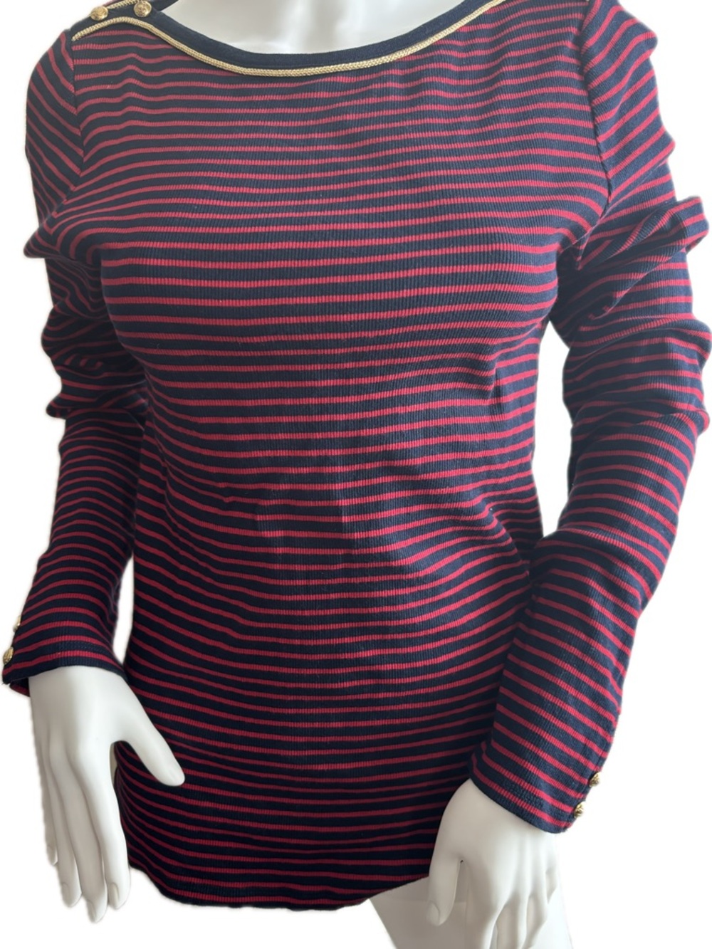 Lauren Ralph Lauren Navy and Red Striped Long-Sleeve Boatneck Top with Gold Trim